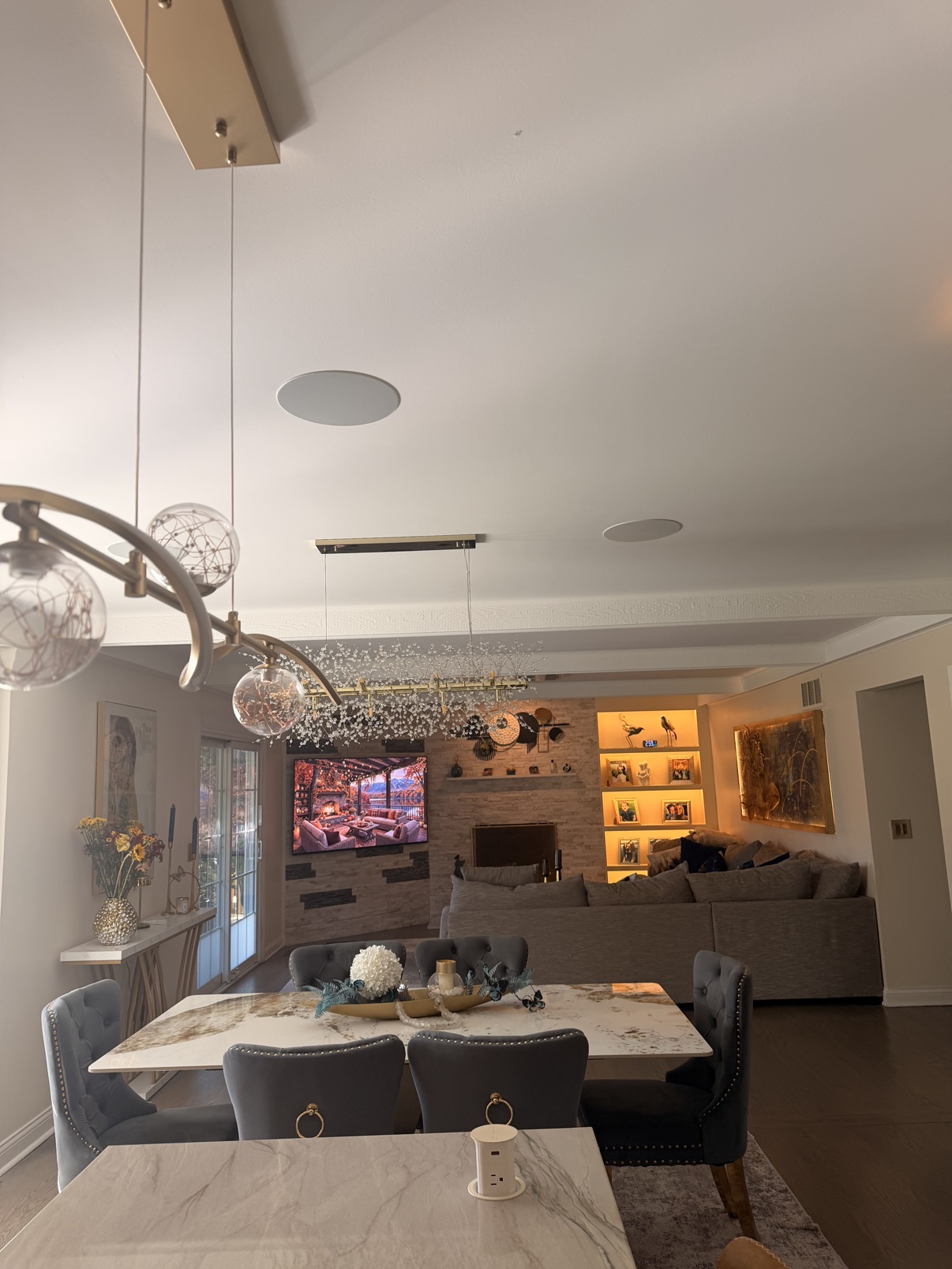 After: finished ceiling with recessed lights and in-ceiling speakers